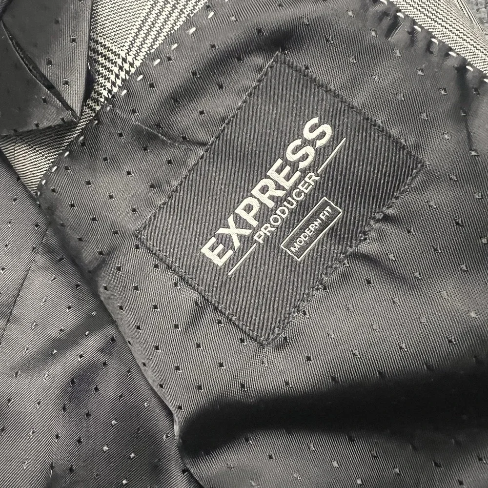 Express Producer Modern Fit Jacket Blazer Mens 44 Regular Slim Plaid Check Grey - Picture 5 of 12